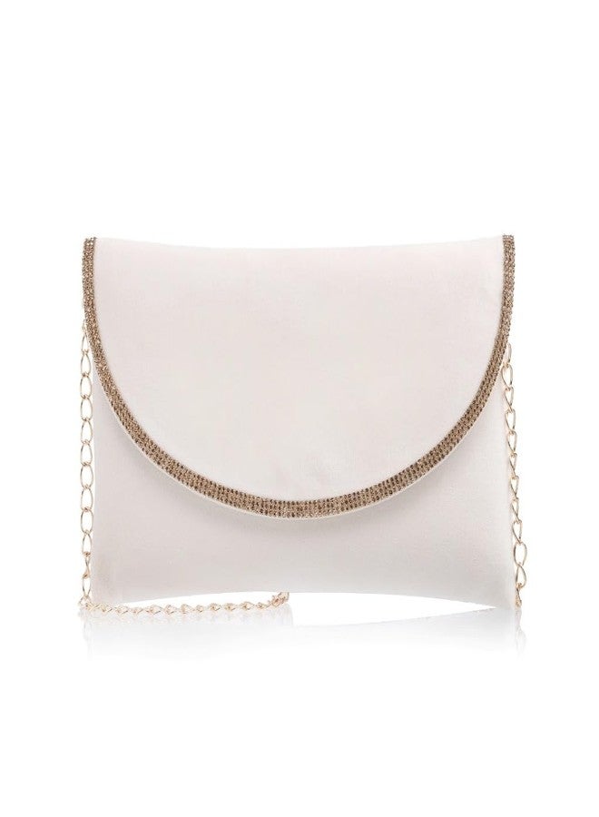 AVIRATH ENTERPRISE White Velvet Envelope Clutch Purse with Rhinestone Trim and Chain Strap, Crossbody Evening Bag for Women - Image 1